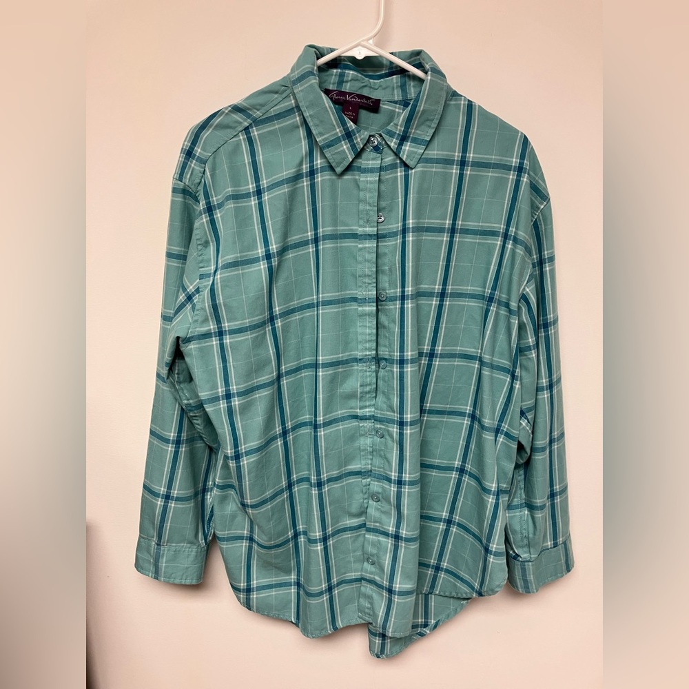 Gloria Vanderbilt, Green Plaid Button-Up Shirt, L
